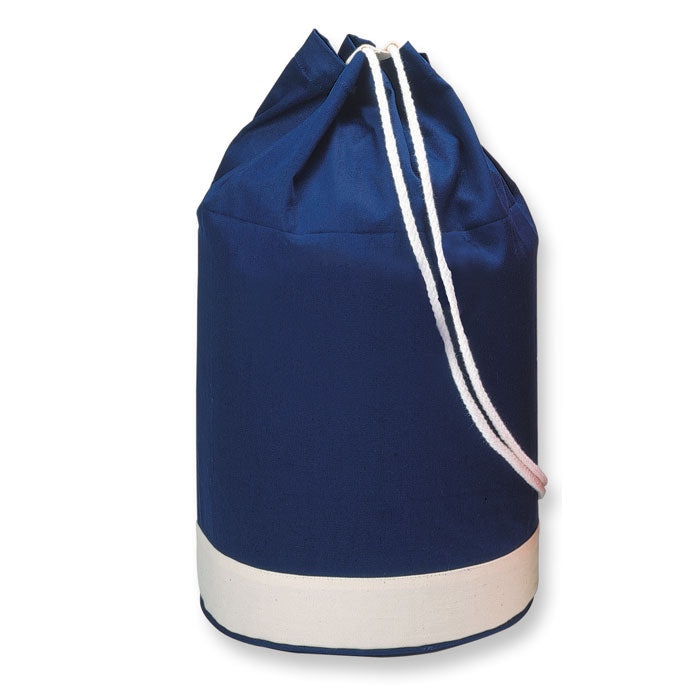 YATCH - Macuto algodón bicolor azul marino con base blanca y cordón ajustable. Ideal como mochila resistente para viajes o actividades náuticas.
