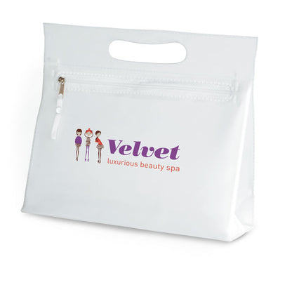 Neceser de plástico con cremallera color blanco personalizado con logotipo
