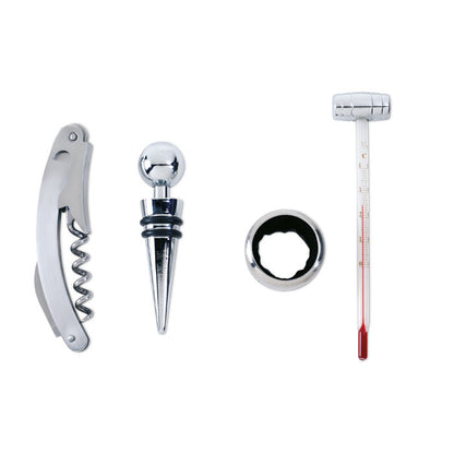 tapón para el vino, sacacorchos, recoge gotas y termómetro.