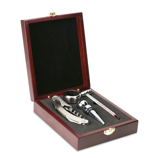 Set de vino en caja de madera con tapón para el vino, sacacorchos, recoge gotas y termómetro.