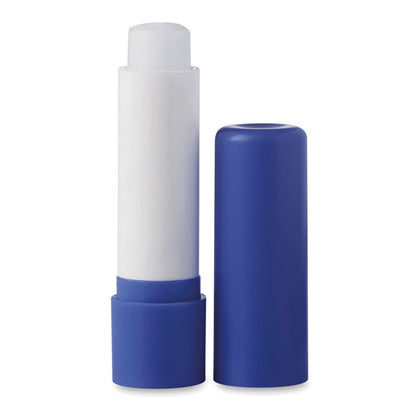 Barra de bálsamo labial azul abierta con tapa al lado