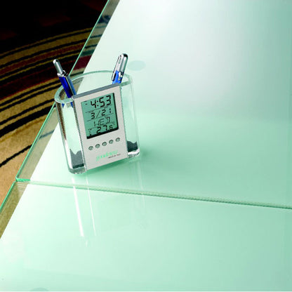 Mesa de cristal con portalápices con reloj y 2 bolis