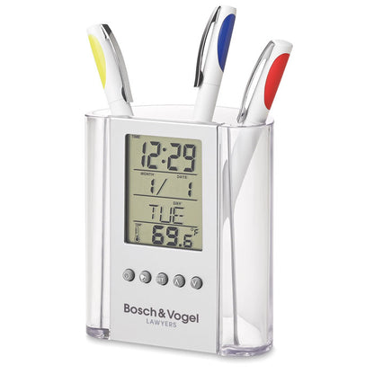 Porta lápices con reloj, termómetro y calendario digital