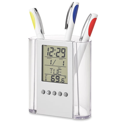 Porta lápices con reloj, termómetro y calendario digital