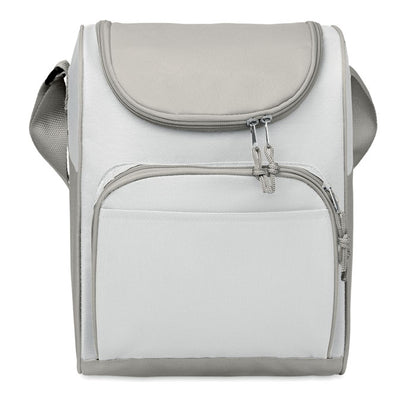 Nevera de playa blanca y gris con un bolsillo frontal con cremallera