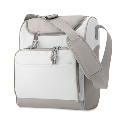 Mochila nevera blanca y gris con bolsillo frontal con cremallera y con asa bandolera 