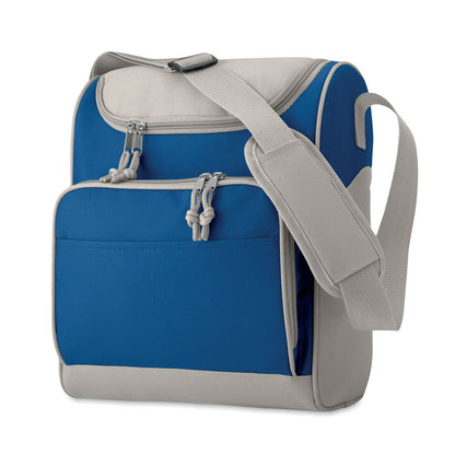 Mochila nevera azul y gris con bolsillo frontal con cremallera y con asa bandolera 