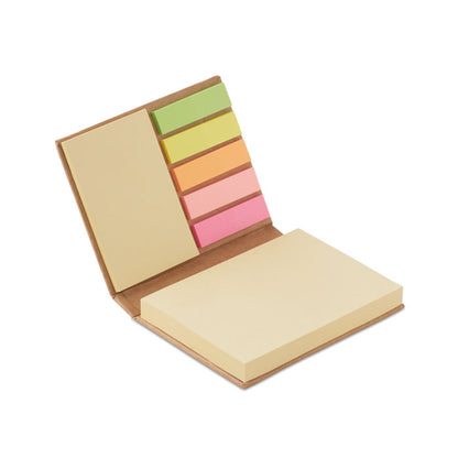 Set de notas adhesivas de varios colores y tamaños en estuche de cartón kraft reciclado