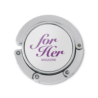 Cuelga bolsos redondo de metal blanco con logo