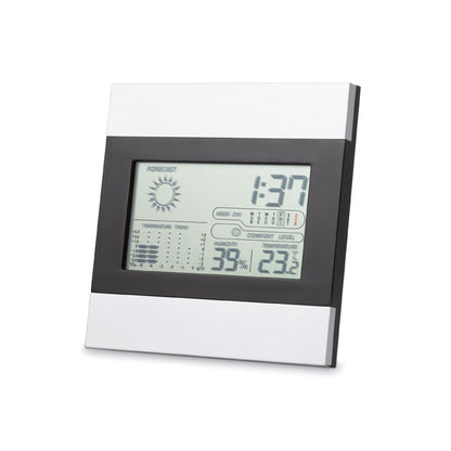 Estación meteorológica de sobremesa gris y negra con pantalla LCD con reloj, termómetro y calendario