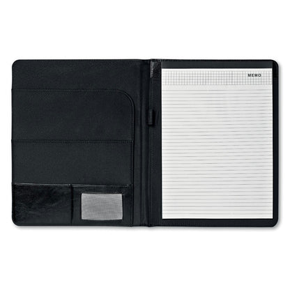 Portadocumentos negro con bloc integrado y compartimentos para tarjetas