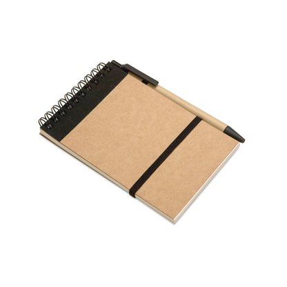 Libreta de bolsillo tamaño A6 con detalles en negro y bolígrafo