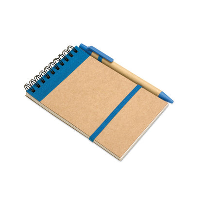 Libreta de bolsillo tamaño A6 con detalles en azul y bolígrafo