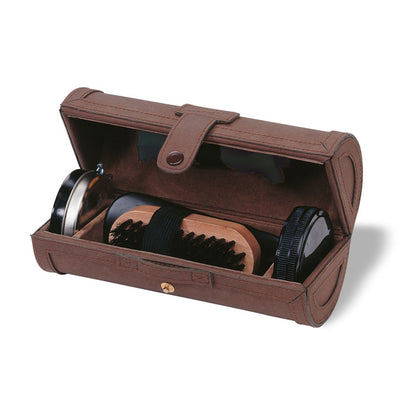Set para limpiar zapatos con gamuza, calzador, cepillo, abrillantador y esponja dentro de estuche redondo marrón