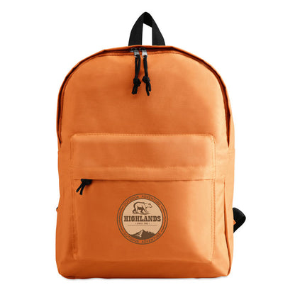 Mochila escolar naranja personalizada con logotipo en bolsillo frontal con cremallera