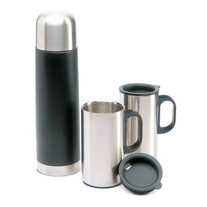 Termo negro y 2 tazas de acero con tapa