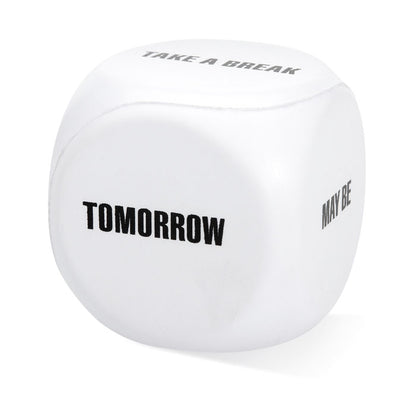 Dado blanco antiestrés con palabra tomorrow