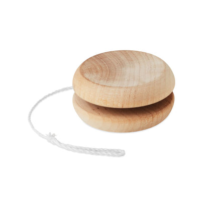 Vista laterial de yo-yo de madera pequeño con cuerda blanca