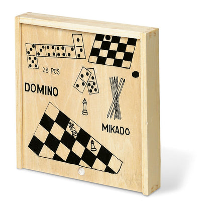 Caja de madera de pino con ajedrez, dominó, mikado y damas