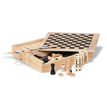 Set de juegos en caja de madera: dominó, mikado, damas y ajedrez