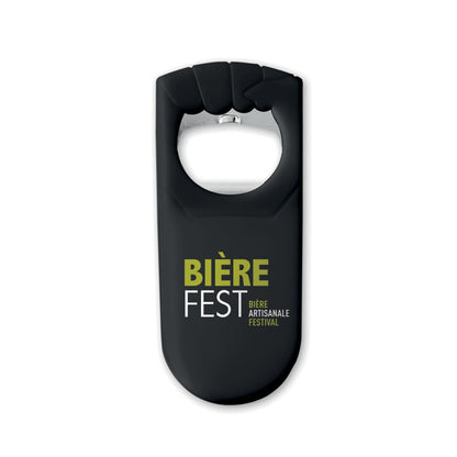Abrebotellas negro de plástico personalizado con logotipo