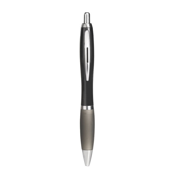 Bolígrafo automático de plástico negro con detalles en plata y grip gris, diseñado para uso cómodo y diario. RIOCOLOUR - Bolígrafo con pulsador en ABS.