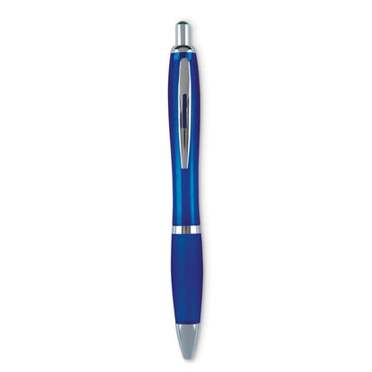 Bolígrafo de plástico azul con puntera blanda translúcida y clip, pulsador y punta cromada
