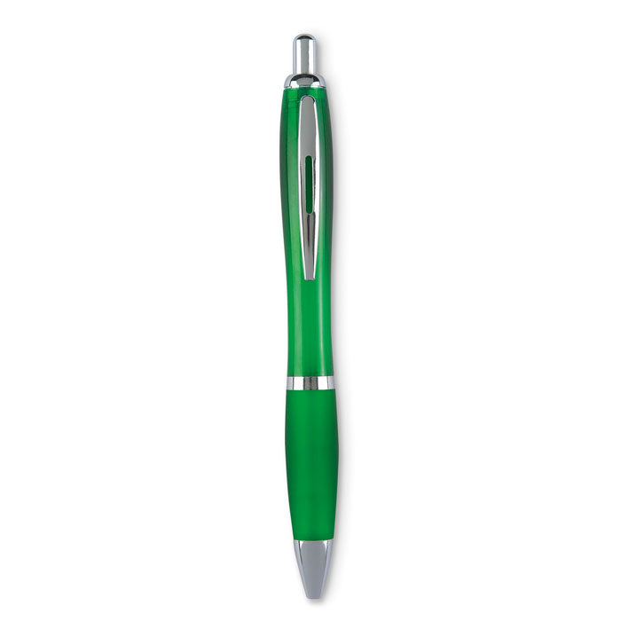 Bolígrafo automático verde transparente con acabado en ABS, puntas suaves y diseño moderno.