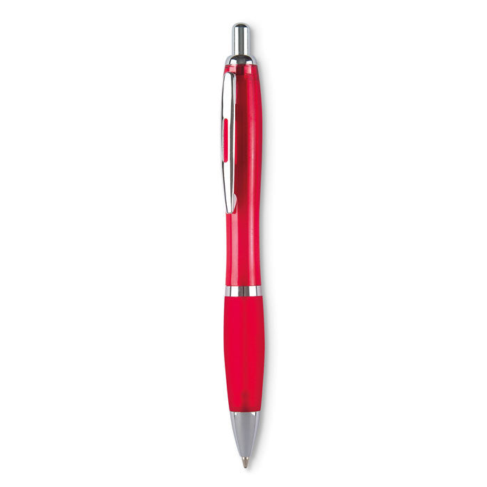 Bolígrafo automático en color rojo transparente, con detalles metálicos y puntera blanda, ideal para uso diario.