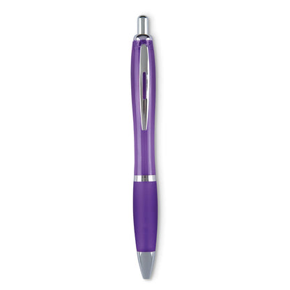 Bolígrafo de plástico morado con puntera blanda translúcida y clip, pulsador y punta cromada