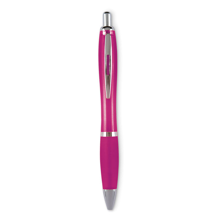 Bolígrafo automático de plástico fucsia con puntera blanda, diseño elegante y acabado en metal. Ideal para uso diario.