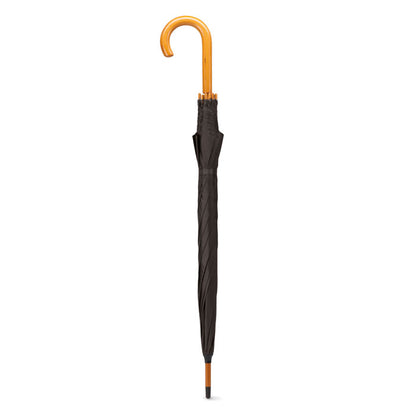 Paraguas negro cerrado con mango de madera curvado
