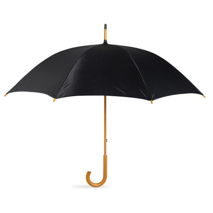 Paraguas negro con mango curvado de madera