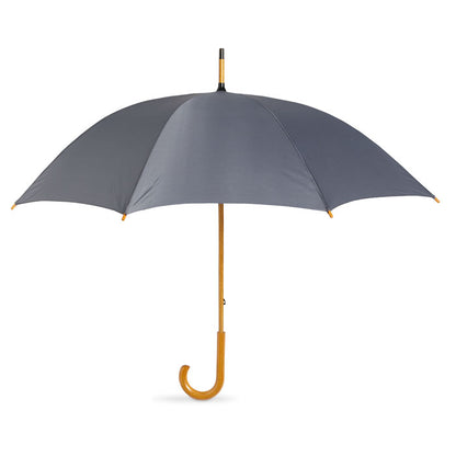 Paraguas gris con mango curvado de madera