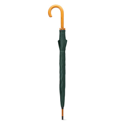 Paraguas verde cerrado con mango curvo de madera