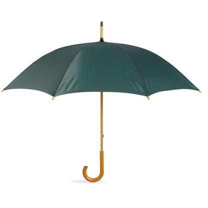 Paraguas verde con mango curvado de madera