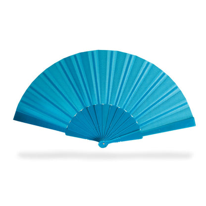 Abanico de tela y varillas de plástico azul