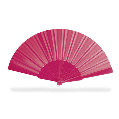 Abanico fucsia de tela con varillas de plastico