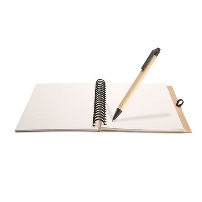 Libreta abierta con espiral. Vista de hojas con boli simulando que escribe