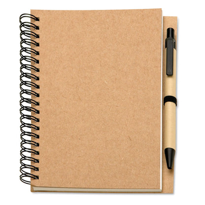 Cuaderno de cartón marrón con bolígrafo de cartón
