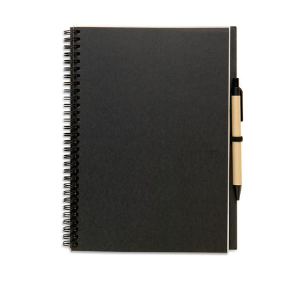Cuaderno negro con espiral y boli de cartón a juego