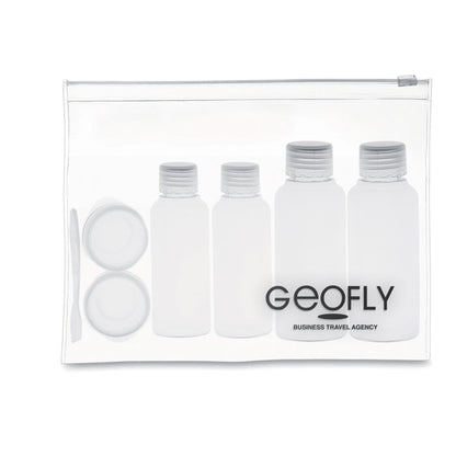 Neceser transparente de viaje personalizado con logotipo y con 6 envases en su interior