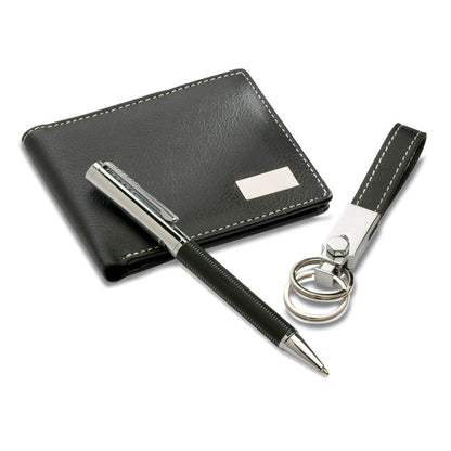 Bolígrafo, cartera y llavero de polipiel negro
