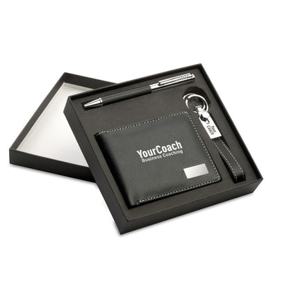 Cartera, bolígrafo y llavero personalizados con logotipo en caja negra de regalo