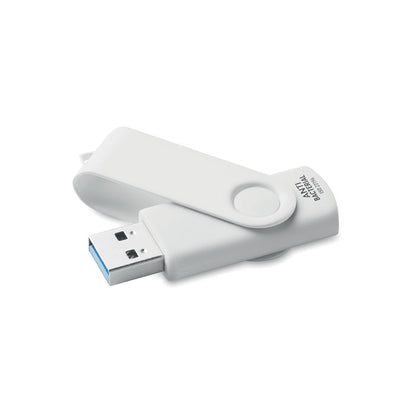 memoria USB blanca sobre mesa de madera