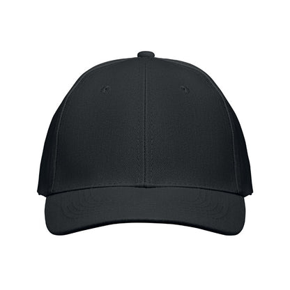 Vista frontal de gorra negra de 6 paneles