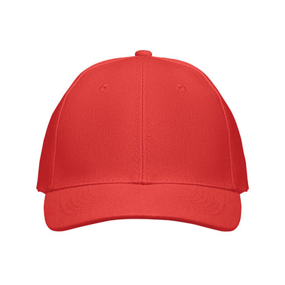 Vista frontal de gorra roja de 6 paneles