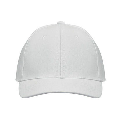 Vista frontal de gorra blanca de 6 paneles