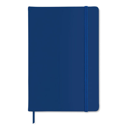 Libreta azul de tapa dura con cierre de goma y marcapáginas