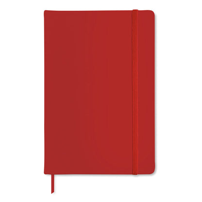 Vista frontal de libreta roja con cierre de goma
